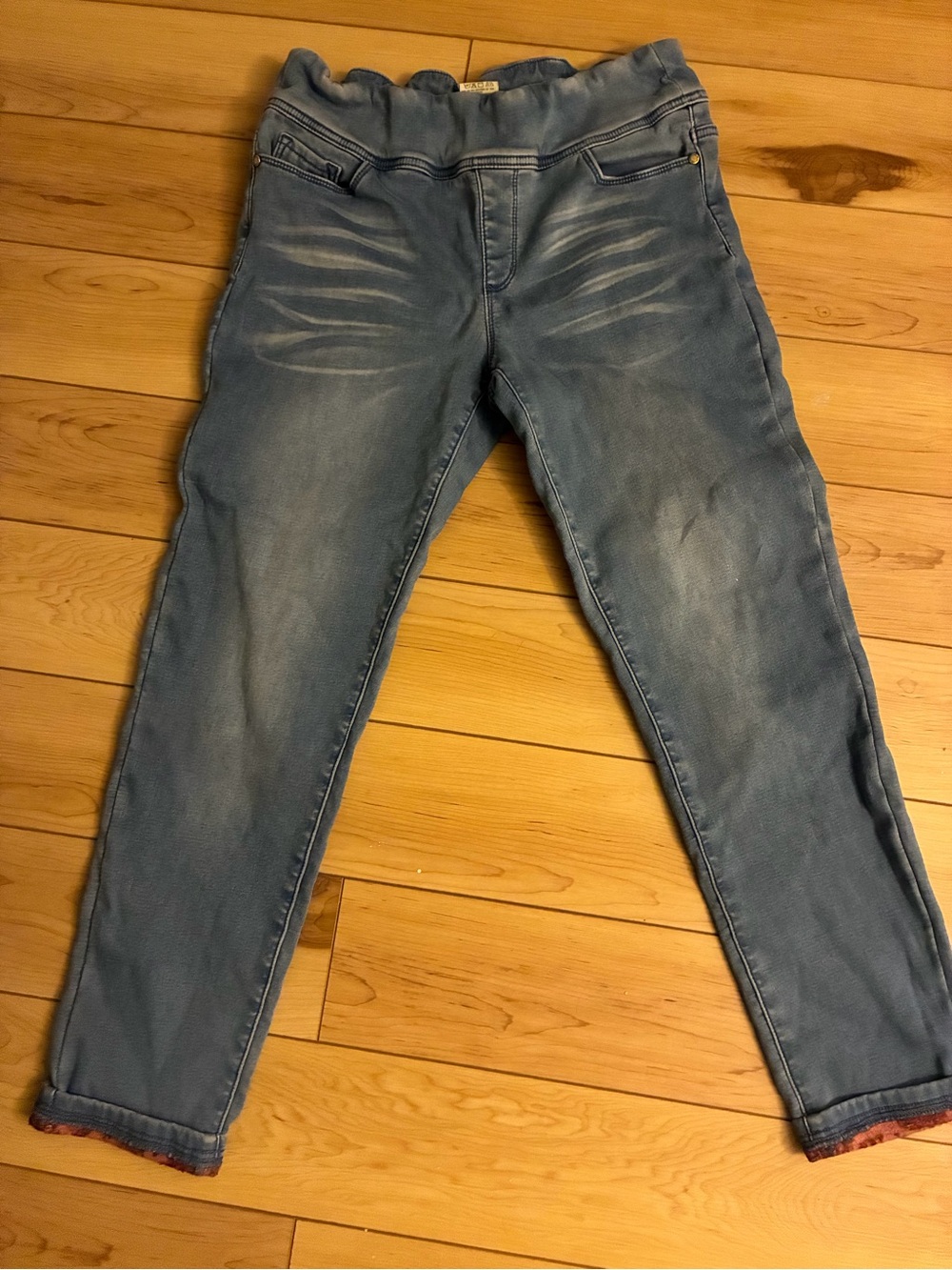 April Cornell Cache Fleece Lined Denim Pants Pull On Navy Blue Size S